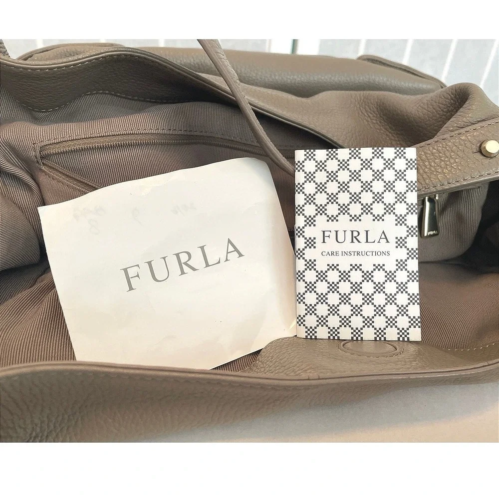 Furla Large Hobo Bag Taupe Greige Pebbled Leather Shoulder Bag Gold Medallion